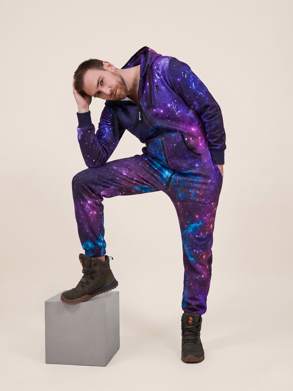 Galaxy – galaxy space print onesie, dark blue starfield – lifestyle photo | Unichill adult unisex jumpsuit designed in Calgary