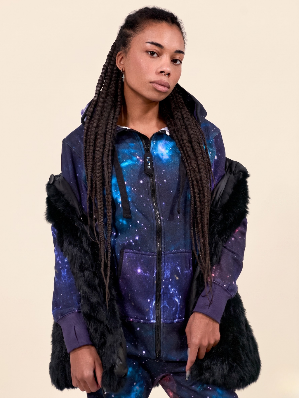 Galaxy – galaxy space print onesie, dark blue starfield – front view | Unichill adult unisex jumpsuit designed in Calgary