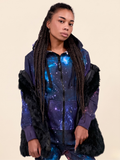 Galaxy – galaxy space print onesie, dark blue starfield – front view | Unichill adult unisex jumpsuit designed in Calgary