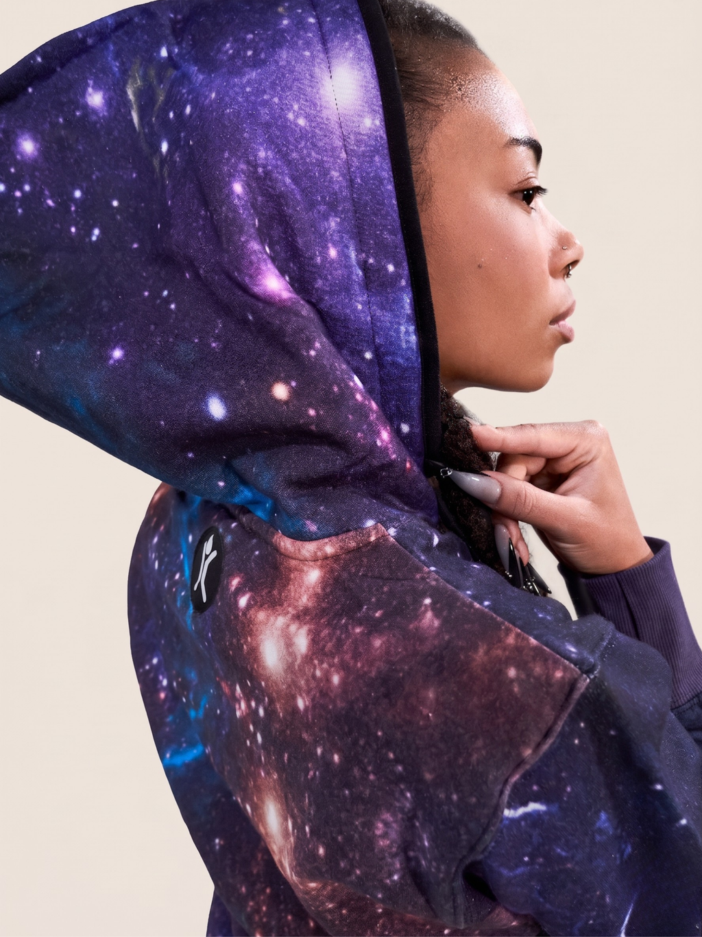 Galaxy – galaxy space print onesie, dark blue starfield – detail view | Unichill adult unisex jumpsuit designed in Calgary
