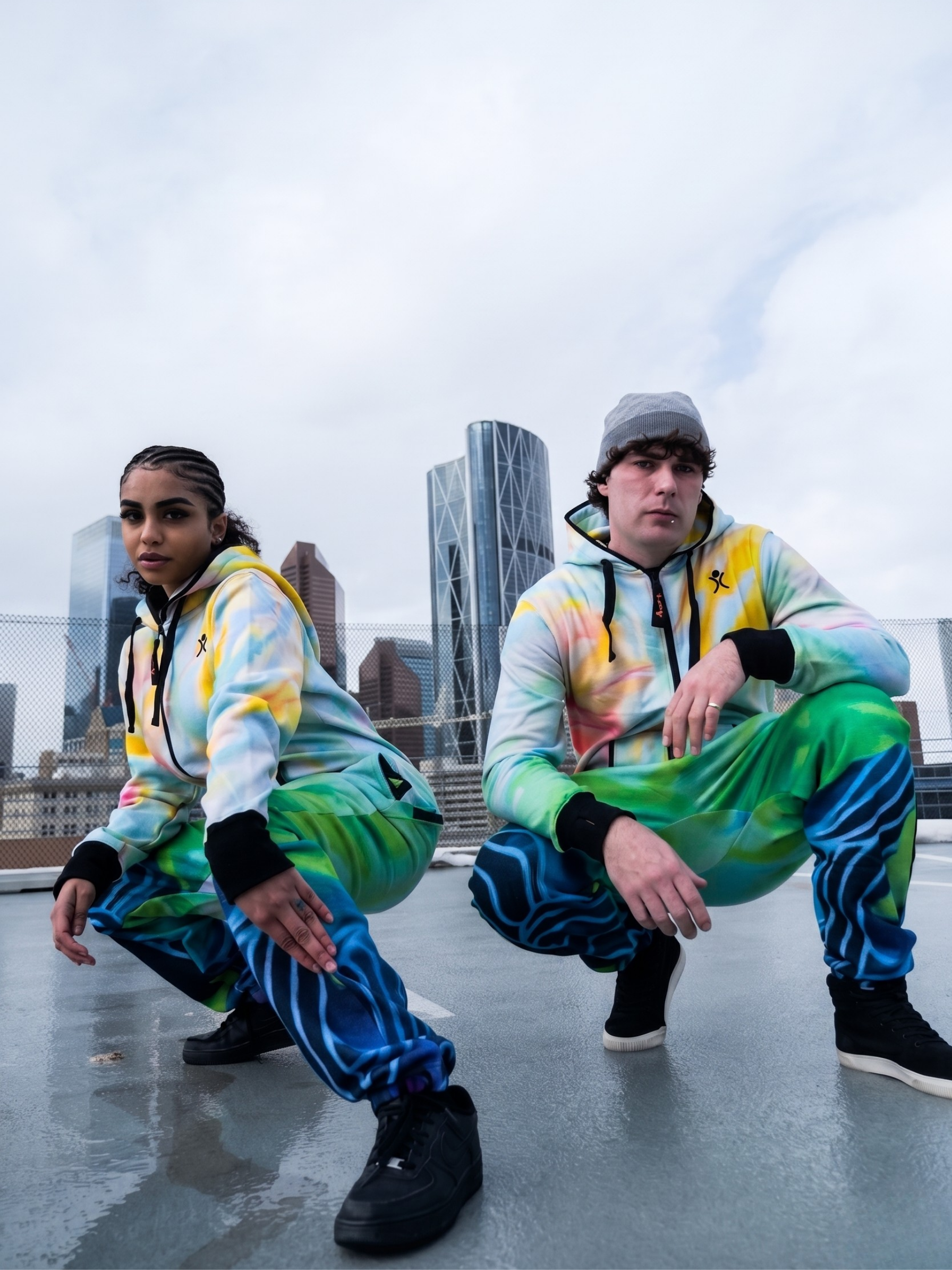 Canvas Art 2.0 – abstract colorful artist print onesie, Julie Amlin collaboration – detail view | Unichill adult unisex jumpsuit designed in Calgary