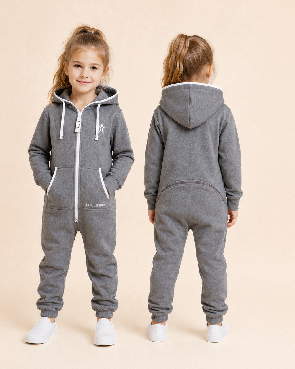 Charcoal Lounger Kids, charcoal grey fleece kids onesie, front and back view | Unichill kids onesie designed in Calgary