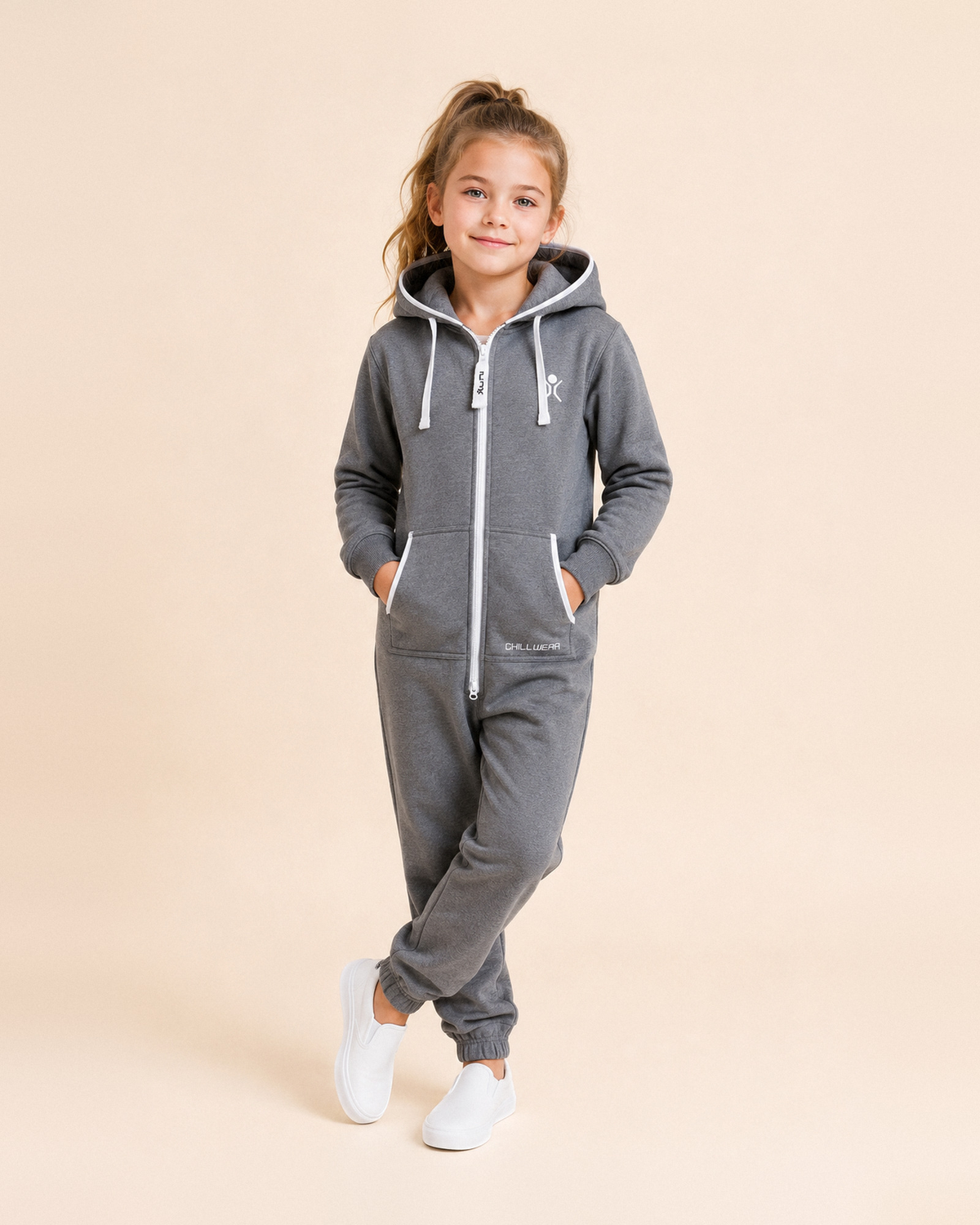 Charcoal Lounger Kids - grey fleece kids onesie - back view | Unichill kids one-piece jumpsuit designed in Calgary