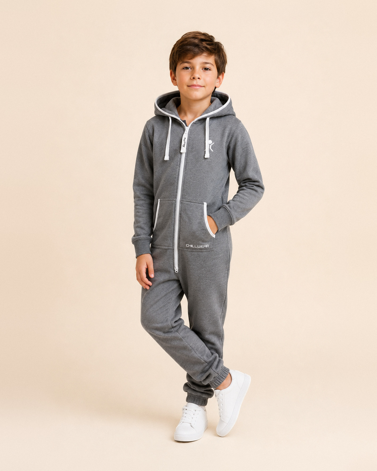 Charcoal Lounger Kids - grey fleece kids onesie - zipper and pocket detail | Unichill kids one-piece jumpsuit designed in Calgary