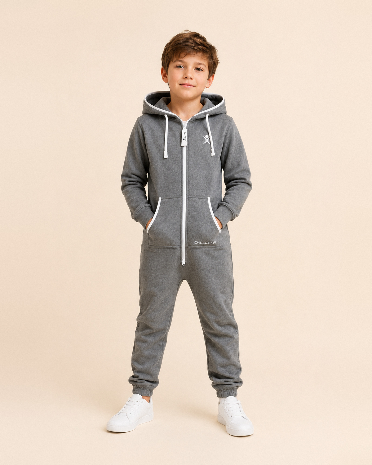 Charcoal Lounger Kids - grey fleece kids onesie - lifestyle view | Unichill kids one-piece jumpsuit designed in Calgary