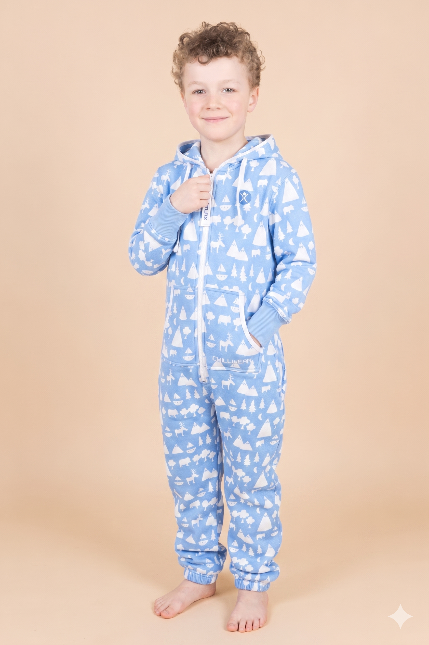 Cloud9 Kids – blue cloud print kids onesie, Matthew Langille collaboration – product illustration | Unichill kids jumpsuit designed in Calgary