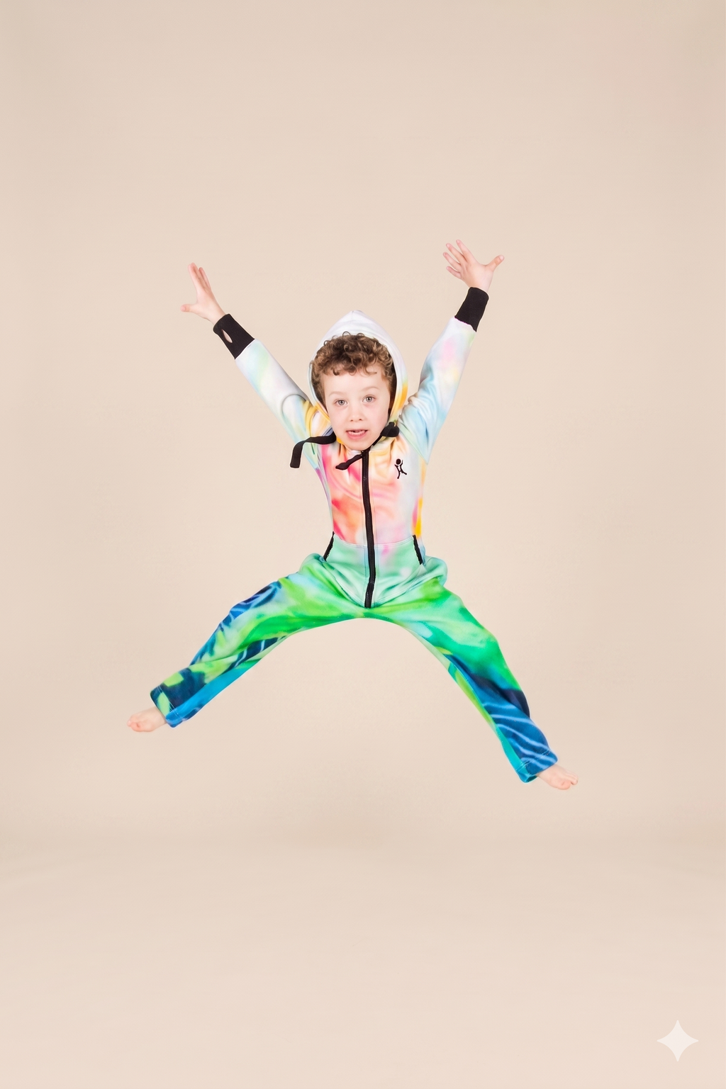 Canvas Art Kids 2.0 – abstract colorful artist print kids onesie, Julie Amlin collaboration – front view | Unichill kids jumpsuit designed in Calgary