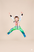 Canvas Art Kids 2.0 – abstract colorful artist print kids onesie, Julie Amlin collaboration – front view | Unichill kids jumpsuit designed in Calgary