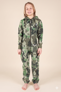 Camo Green Kids – green camouflage print kids onesie – front view | Unichill kids jumpsuit designed in Calgary