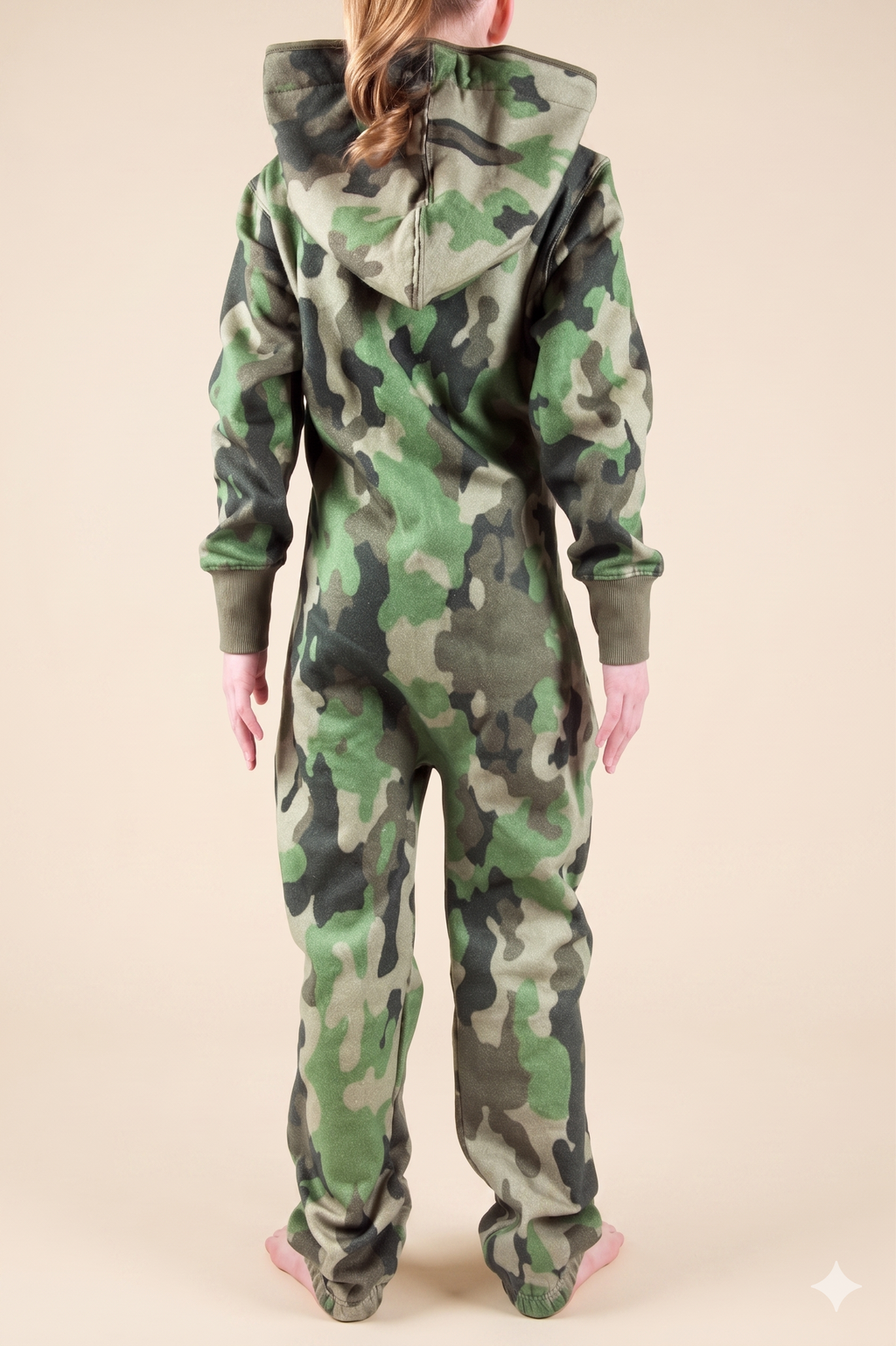 Camo Green Kids – green camouflage print kids onesie – detail view | Unichill kids jumpsuit designed in Calgary