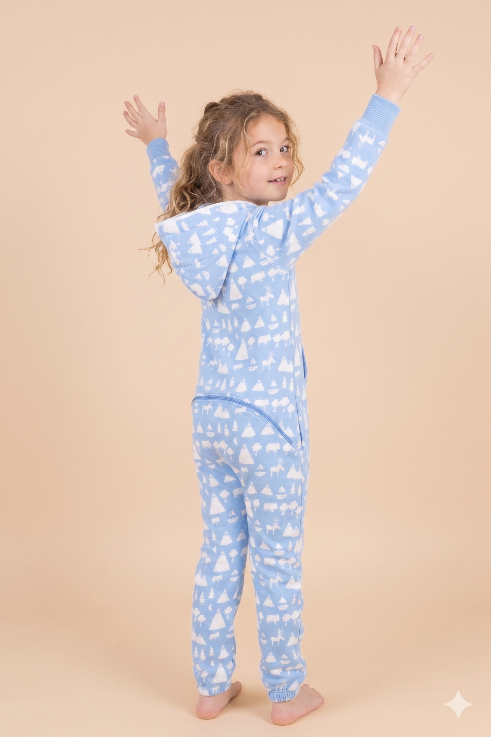 Cloud9 Kids – blue cloud print kids onesie, Matthew Langille collaboration – detail view | Unichill kids jumpsuit designed in Calgary