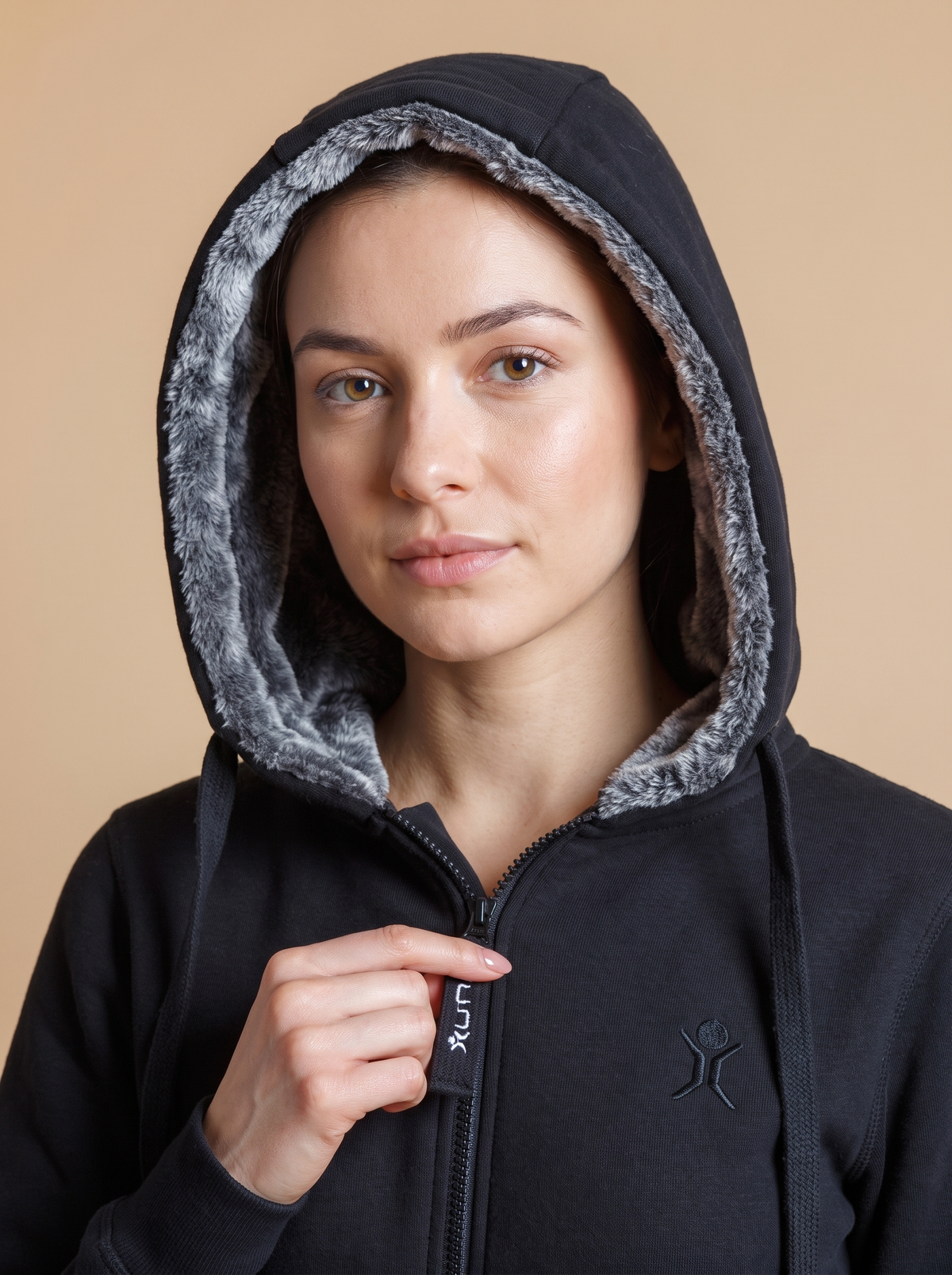 Stealth Black, black fleece onesie with faux fur hood, detail view | Unichill adult unisex jumpsuit designed in Calgary