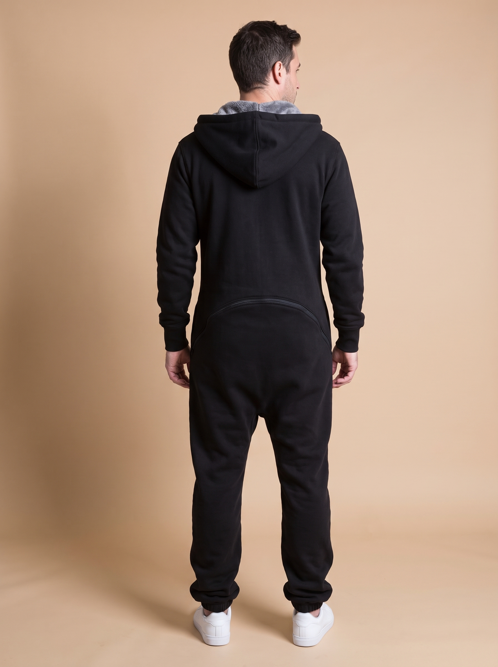 Stealth Black, black fleece onesie with faux fur hood, back view | Unichill adult unisex jumpsuit designed in Calgary