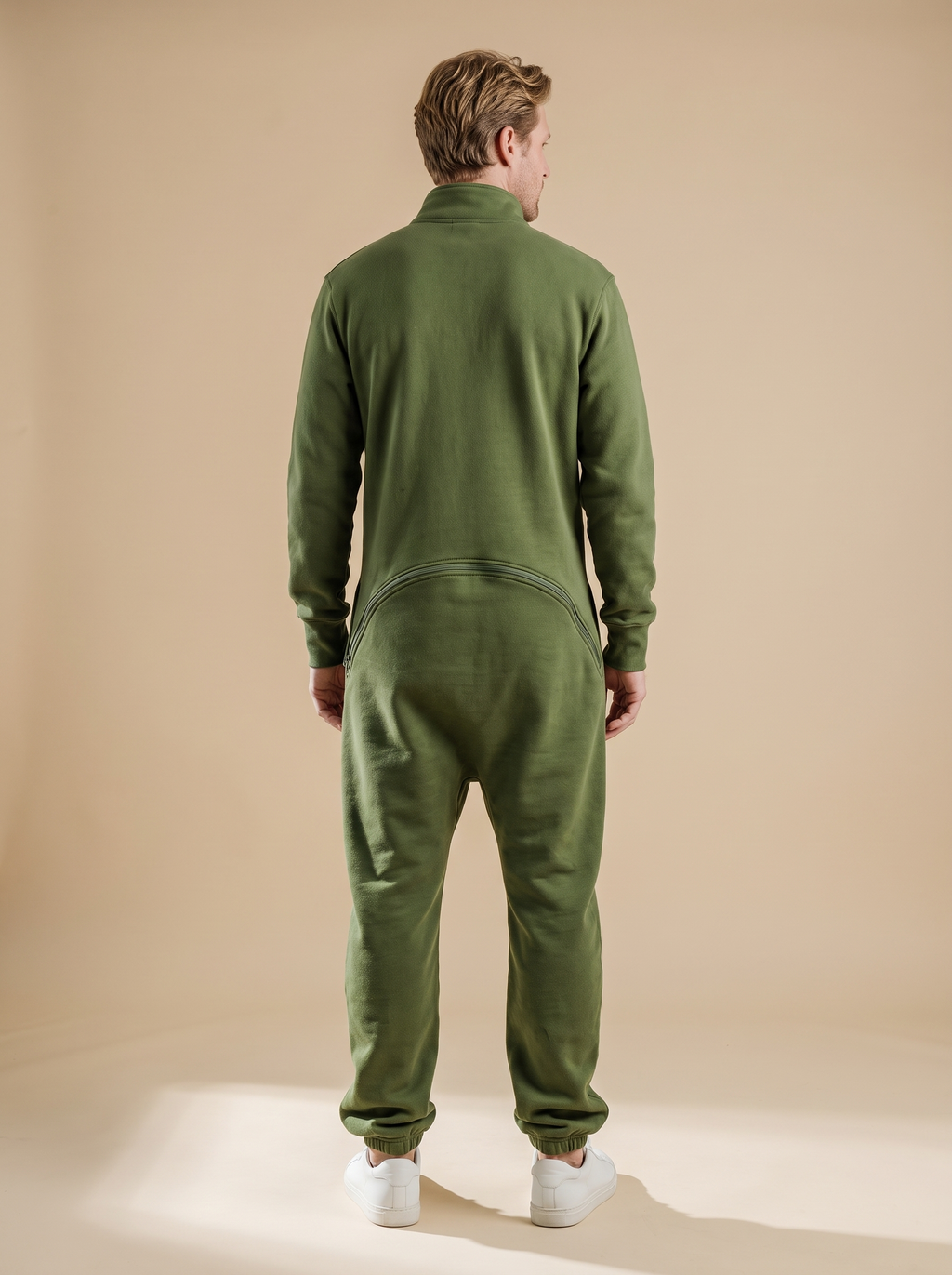 Evergreen Zip-Up, green hoodless fleece onesie, back view | Unichill adult unisex jumpsuit designed in Calgary