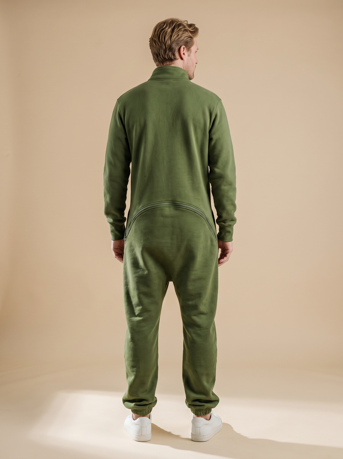 Evergreen Zip-Up, green hoodless fleece onesie, back view | Unichill adult unisex jumpsuit designed in Calgary
