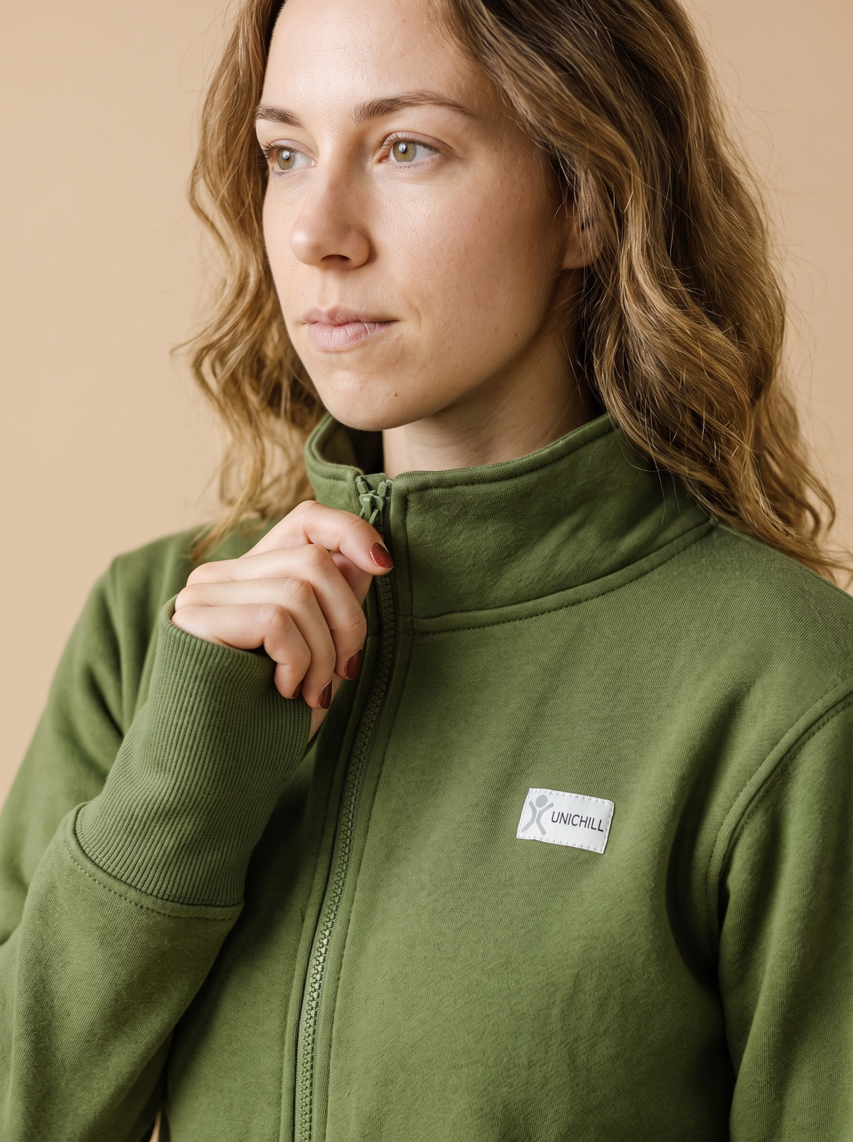Evergreen Zip-Up, green hoodless fleece onesie, detail view | Unichill adult unisex jumpsuit designed in Calgary
