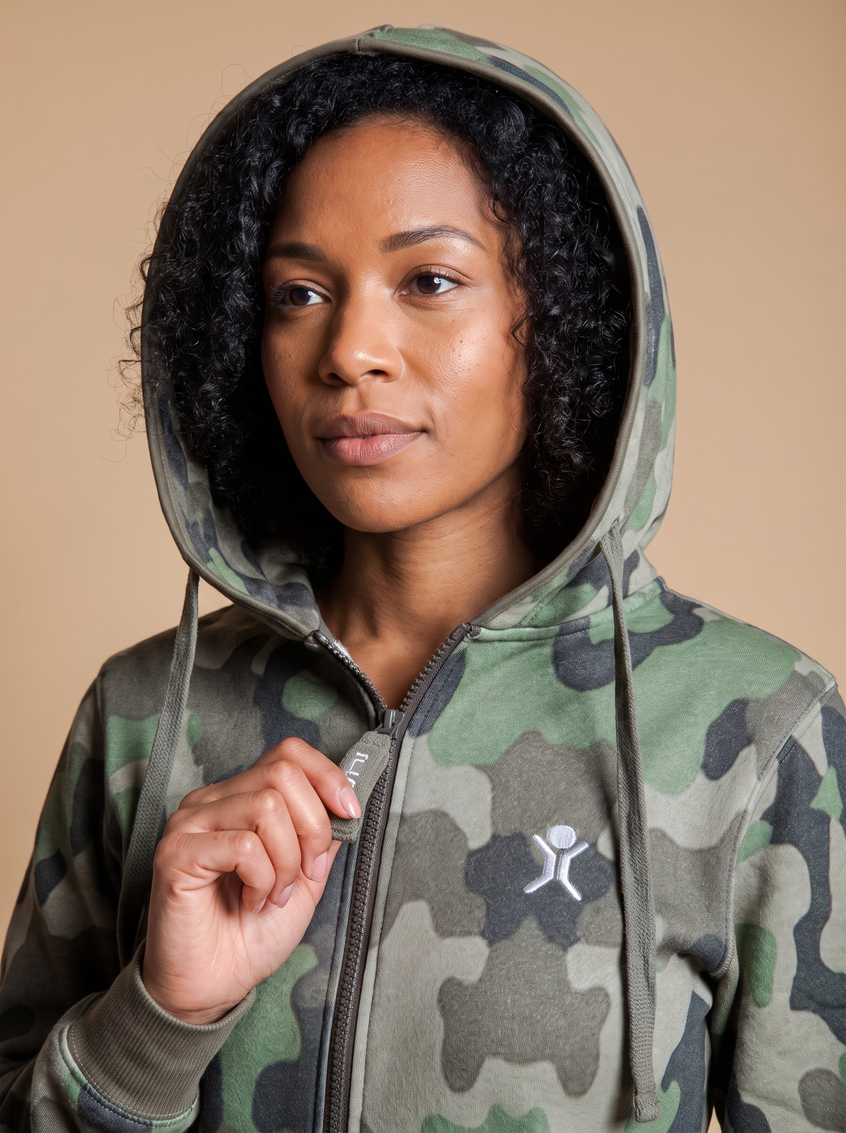 Camo Green, green camouflage print onesie, detail view | Unichill adult unisex jumpsuit designed in Calgary