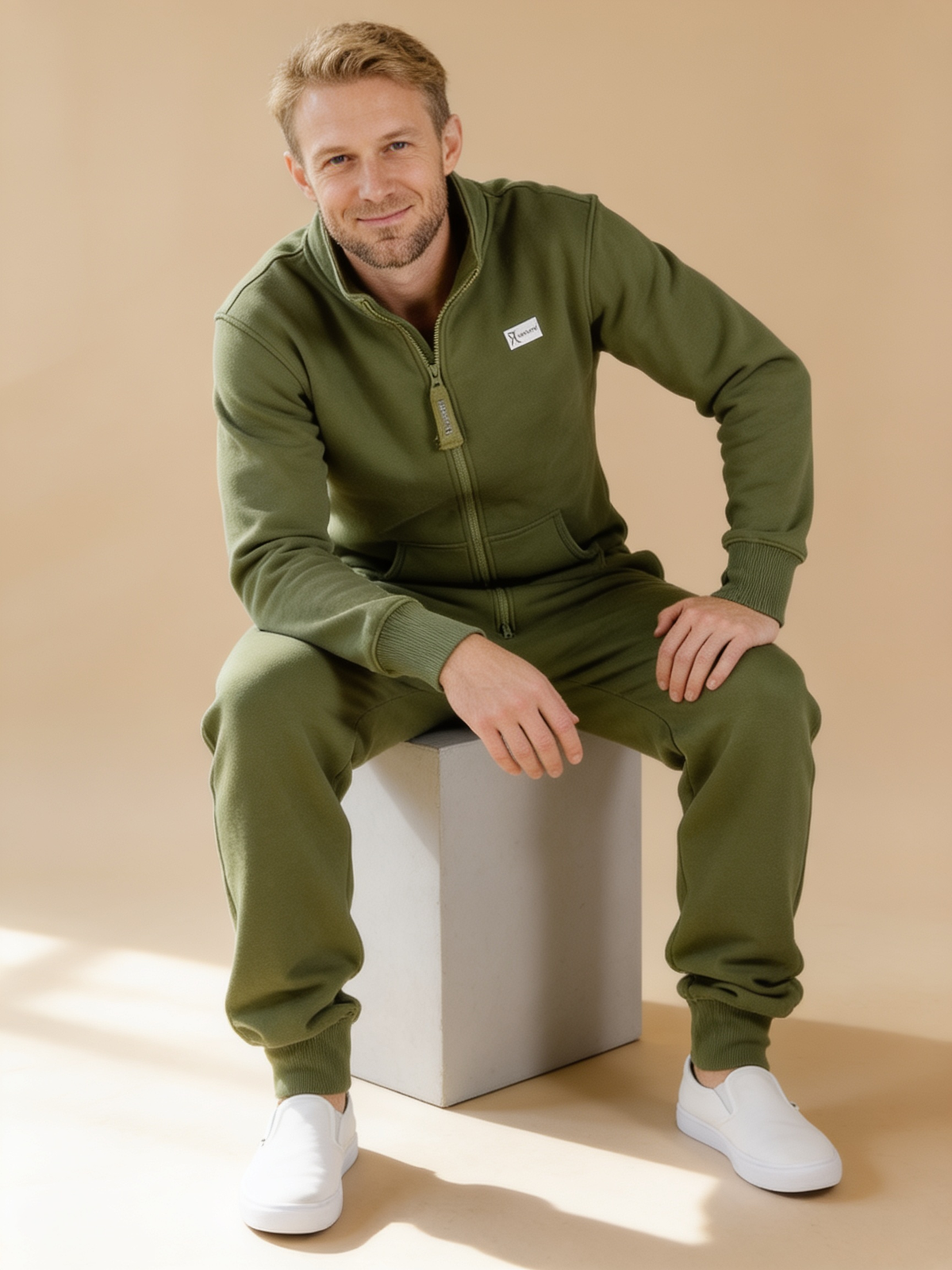 Evergreen Zip-Up, green hoodless fleece onesie, lifestyle photo | Unichill adult unisex jumpsuit designed in Calgary
