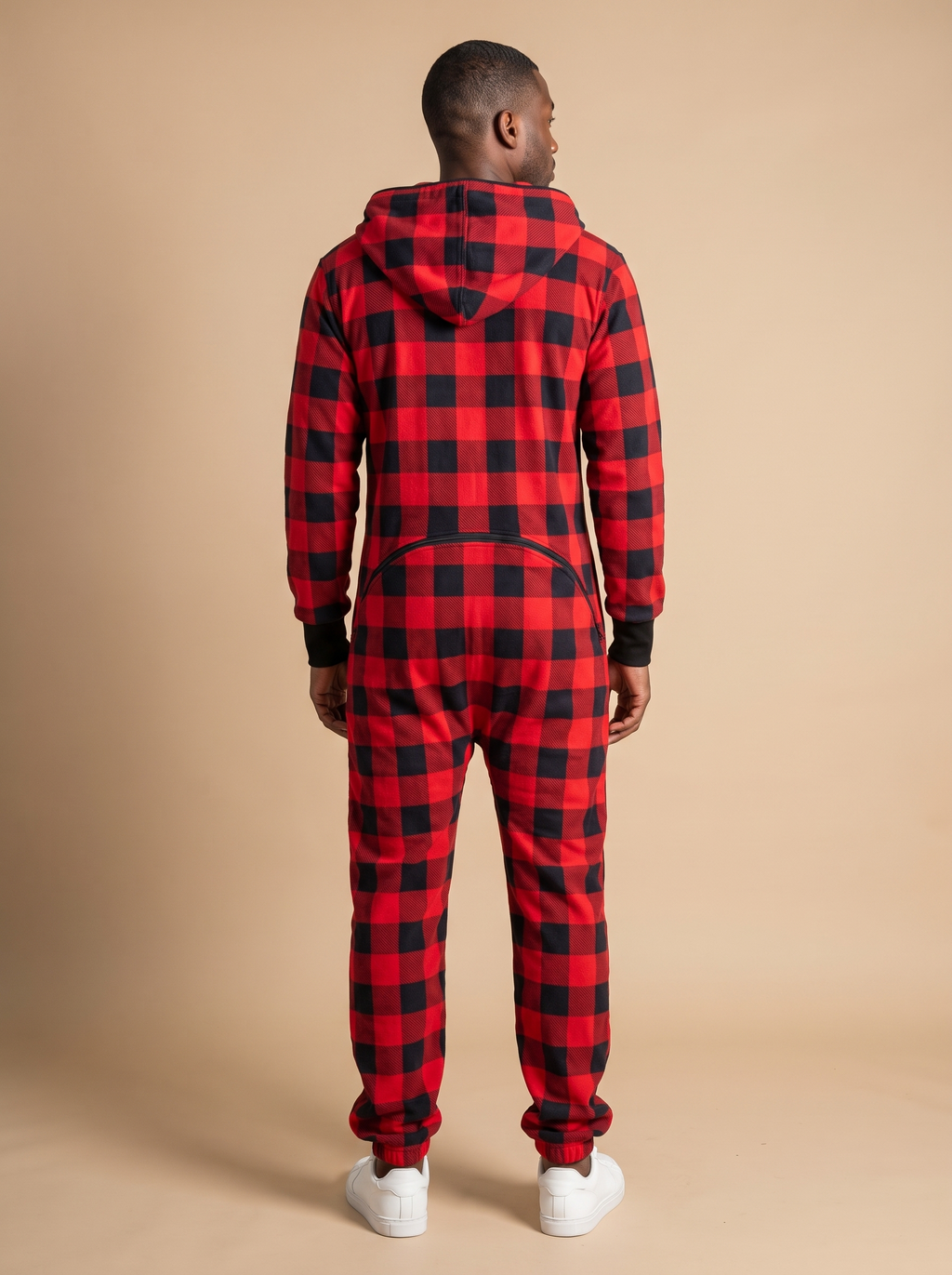 Buffalo Plaid, red and black buffalo check onesie, back view | Unichill adult unisex jumpsuit designed in Calgary
