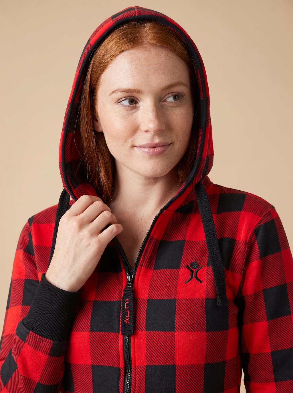 Buffalo Plaid, red and black buffalo check onesie, detail view | Unichill adult unisex jumpsuit designed in Calgary