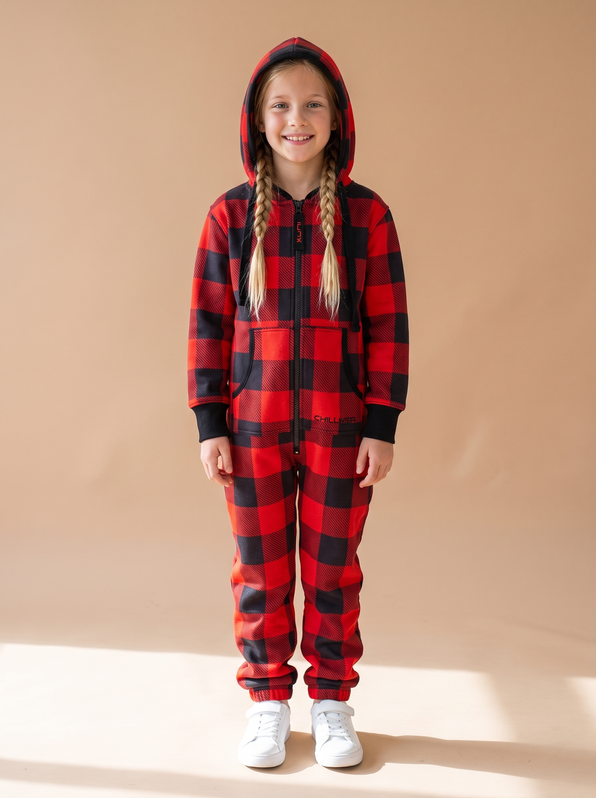 Buffalo Plaid Kids, red and black buffalo check kids onesie, front view on a girl | Unichill kids jumpsuit designed in Calgary