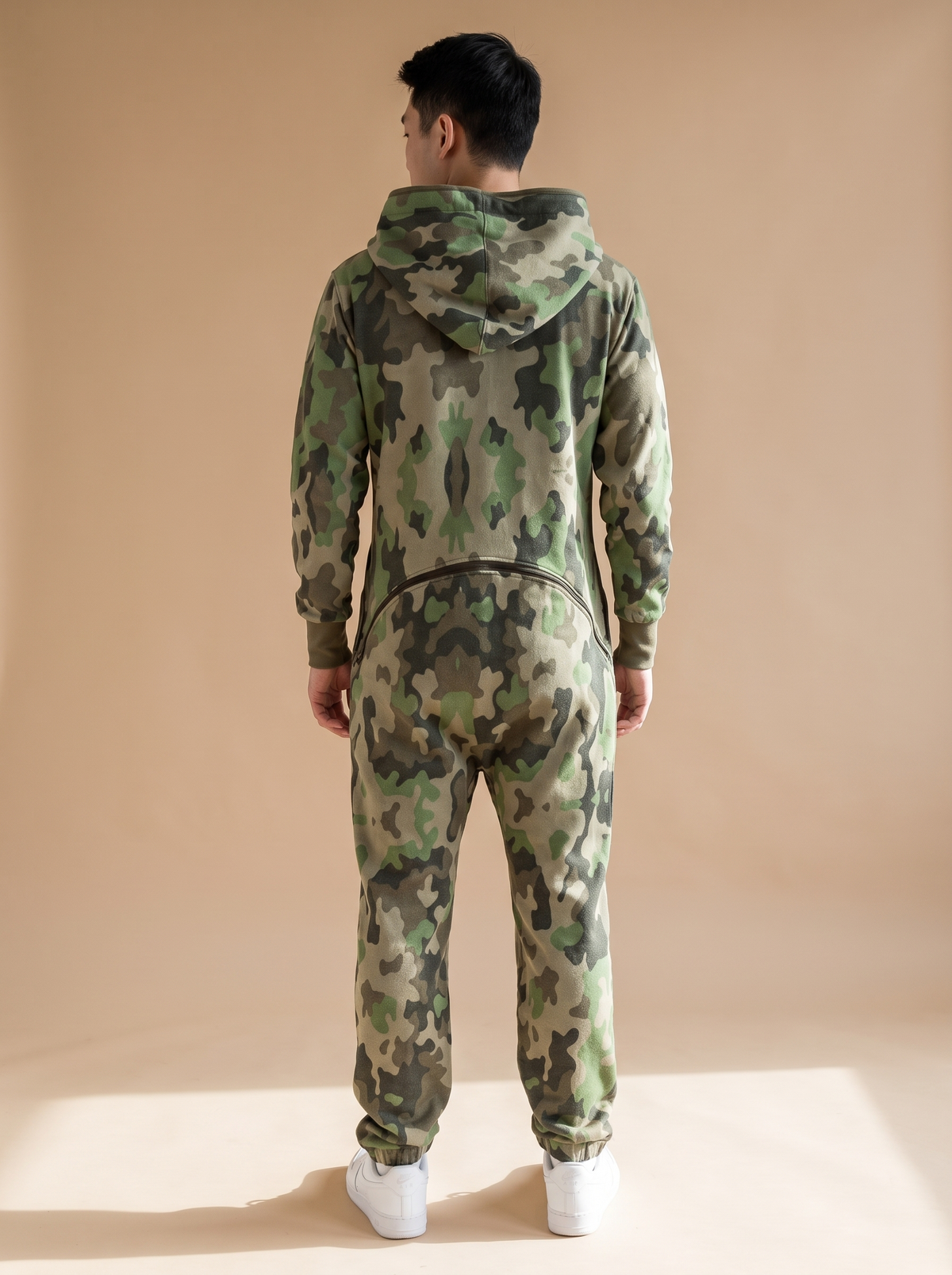 Camo Green, green camouflage print onesie, back view | Unichill adult unisex jumpsuit designed in Calgary