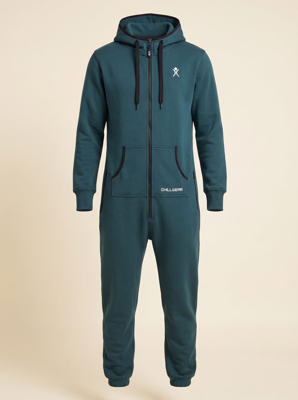 Transformative Teal onesie, front view on a cream background | Unichill adult unisex fleece onesie designed in Calgary