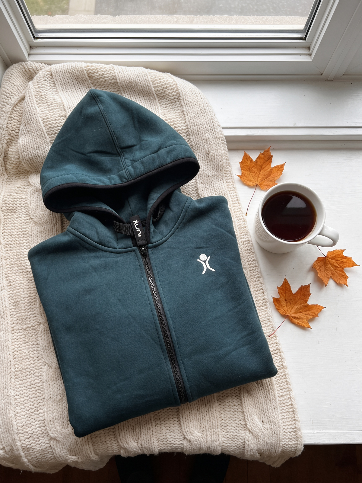 Transformative Teal onesie, folded flat lay with tea and maple leaves | Unichill adult unisex fleece onesie designed in Calgary