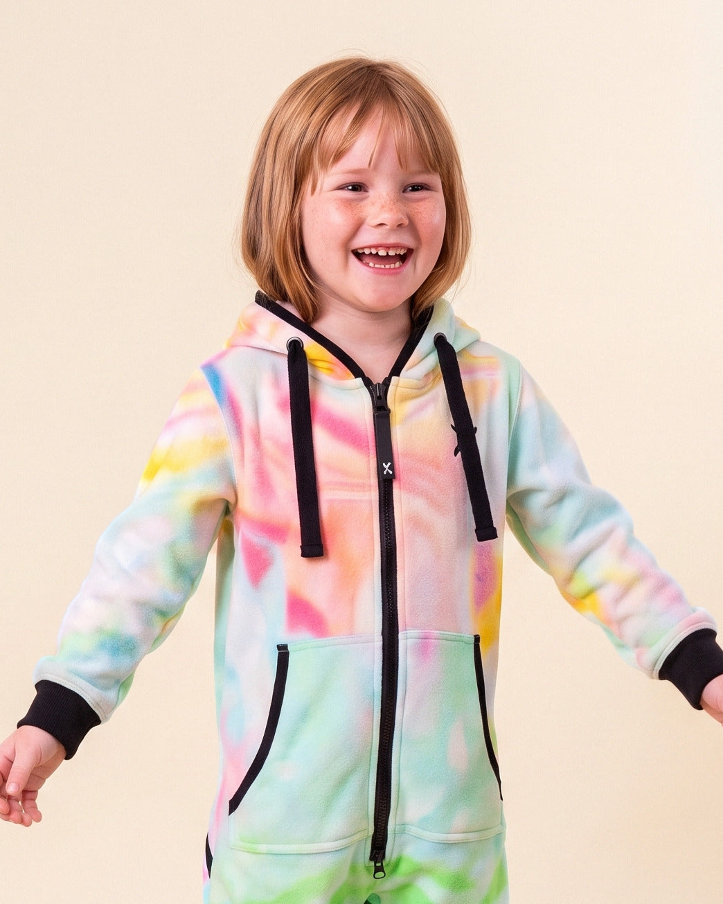 Canvas Art Kids 2.0, watercolour artist print kids onesie, Julie Amlin collaboration, close-up of the hood, zipper and print | Unichill kids onesie designed in Calgary