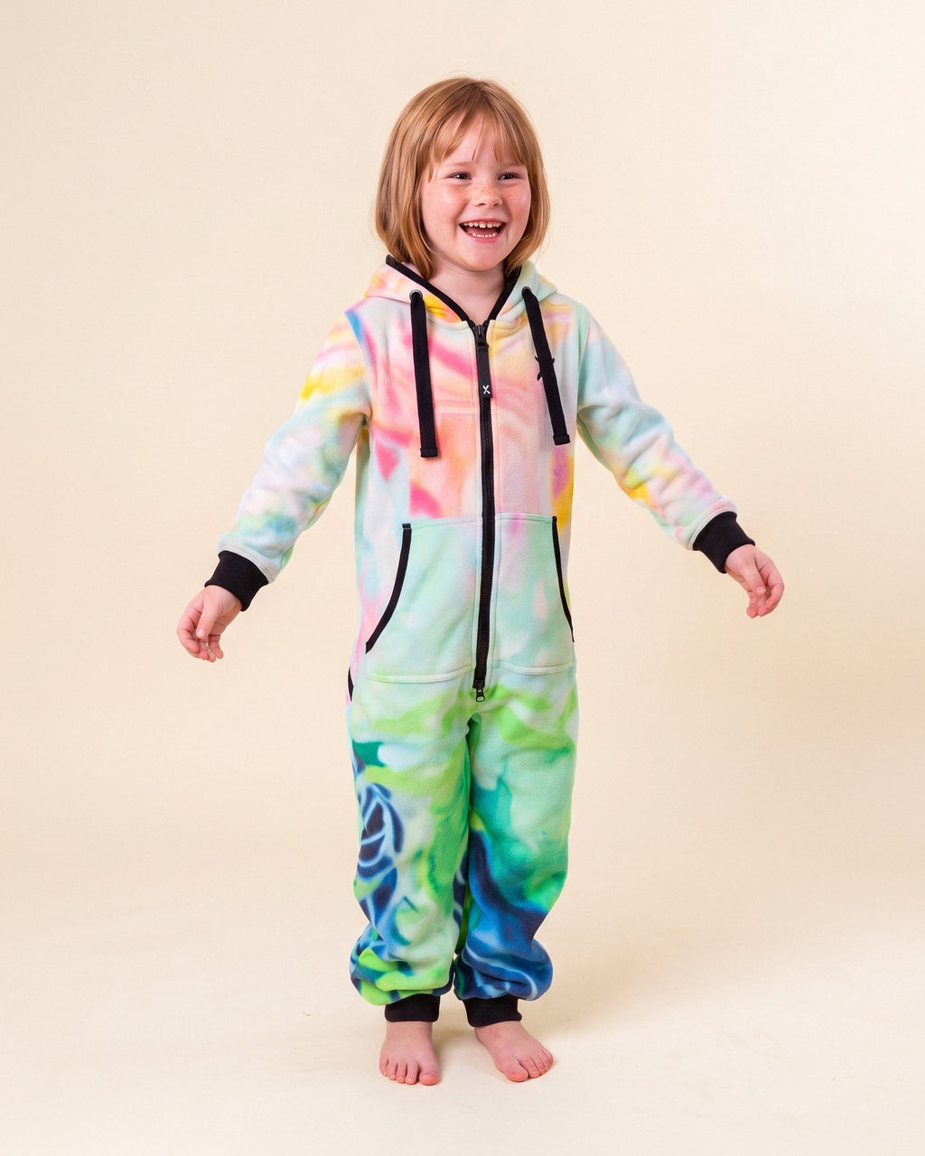 Canvas Art Kids 2.0, watercolour artist print kids onesie, Julie Amlin collaboration, front view | Unichill kids onesie designed in Calgary