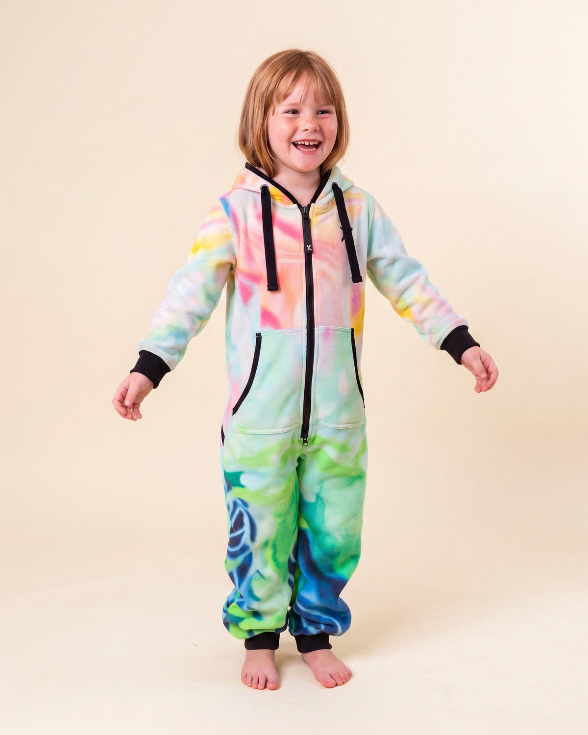 Canvas Art Kids 2.0, watercolour artist print kids onesie, Julie Amlin collaboration, front view | Unichill kids onesie designed in Calgary