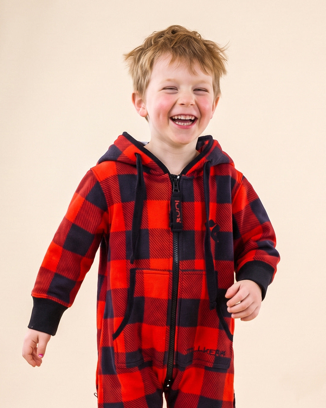 Buffalo Plaid Kids, red and black buffalo check kids onesie, close-up of the hood, zipper and print | Unichill kids onesie designed in Calgary