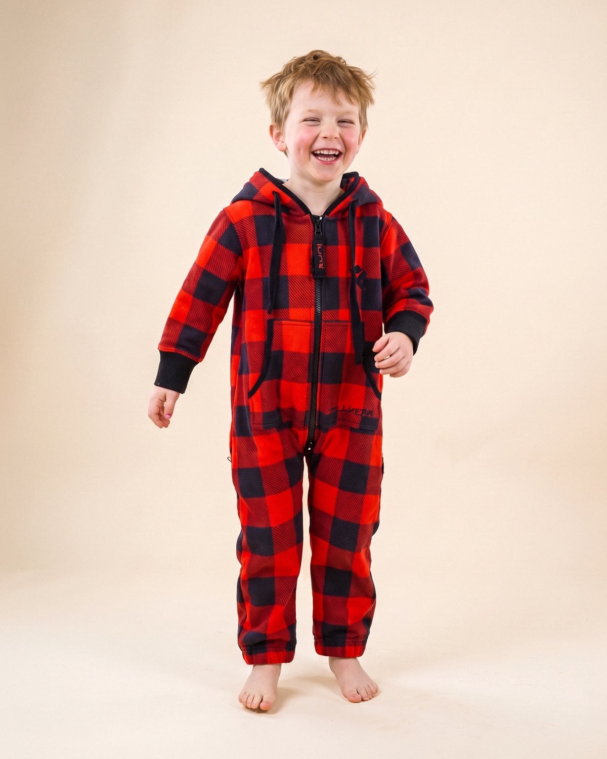 Buffalo Plaid Kids, red and black buffalo check kids onesie, front view | Unichill kids onesie designed in Calgary