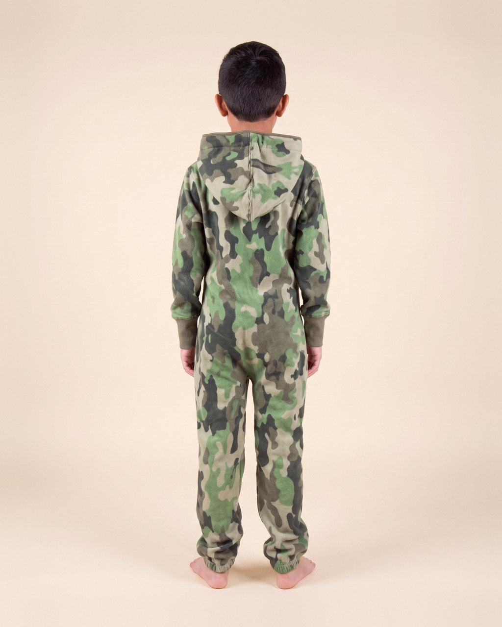 Camo Green Kids, green camouflage print kids onesie, back view | Unichill kids onesie designed in Calgary