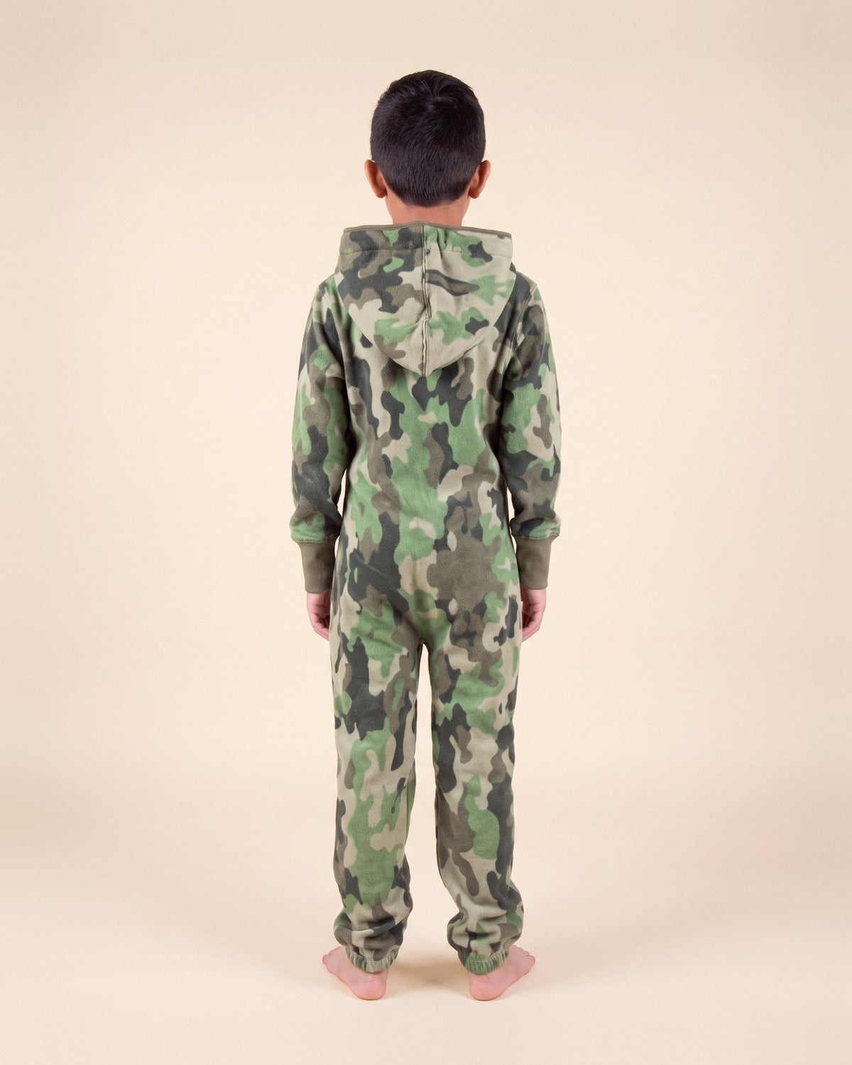 Camo Green Kids, green camouflage print kids onesie, back view | Unichill kids onesie designed in Calgary
