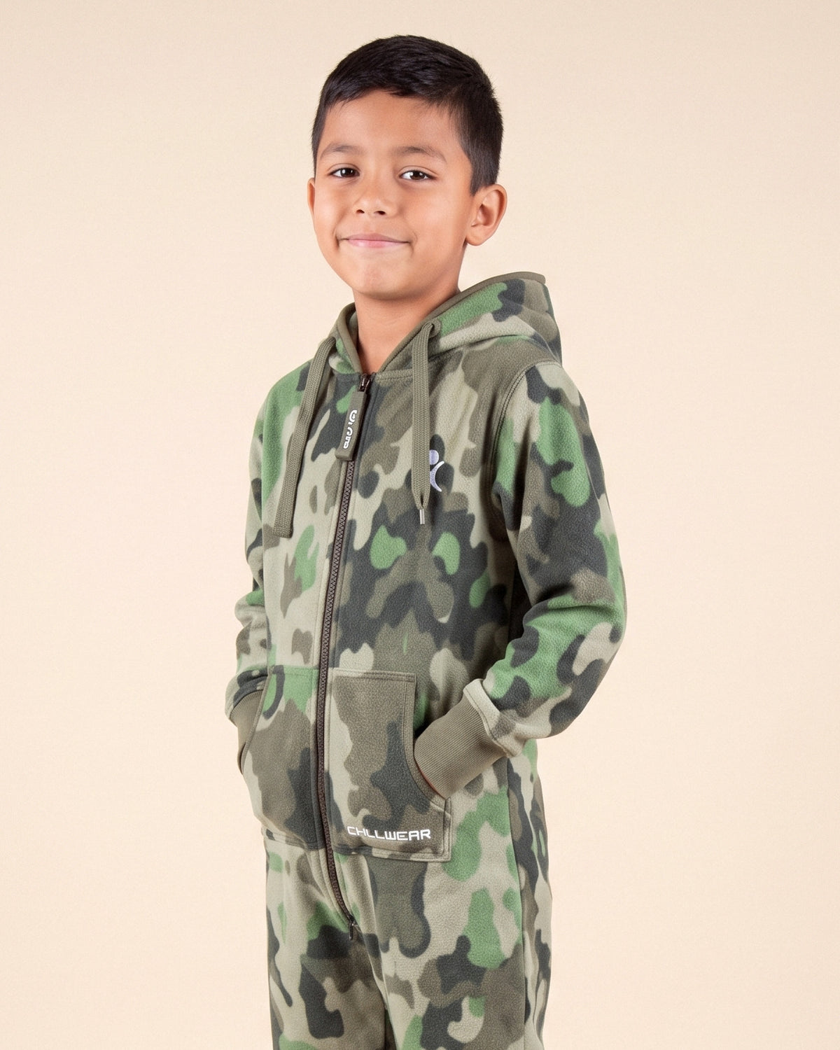 Camo Green Kids, green camouflage print kids onesie, close-up of the hood, zipper and print | Unichill kids onesie designed in Calgary