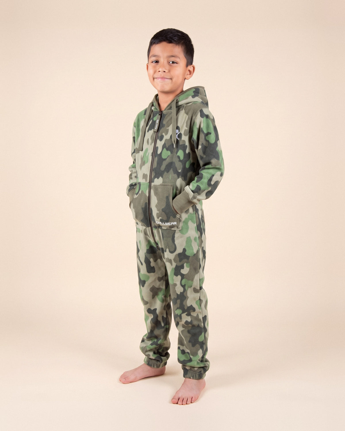 Camo Green Kids, green camouflage print kids onesie, front view | Unichill kids onesie designed in Calgary