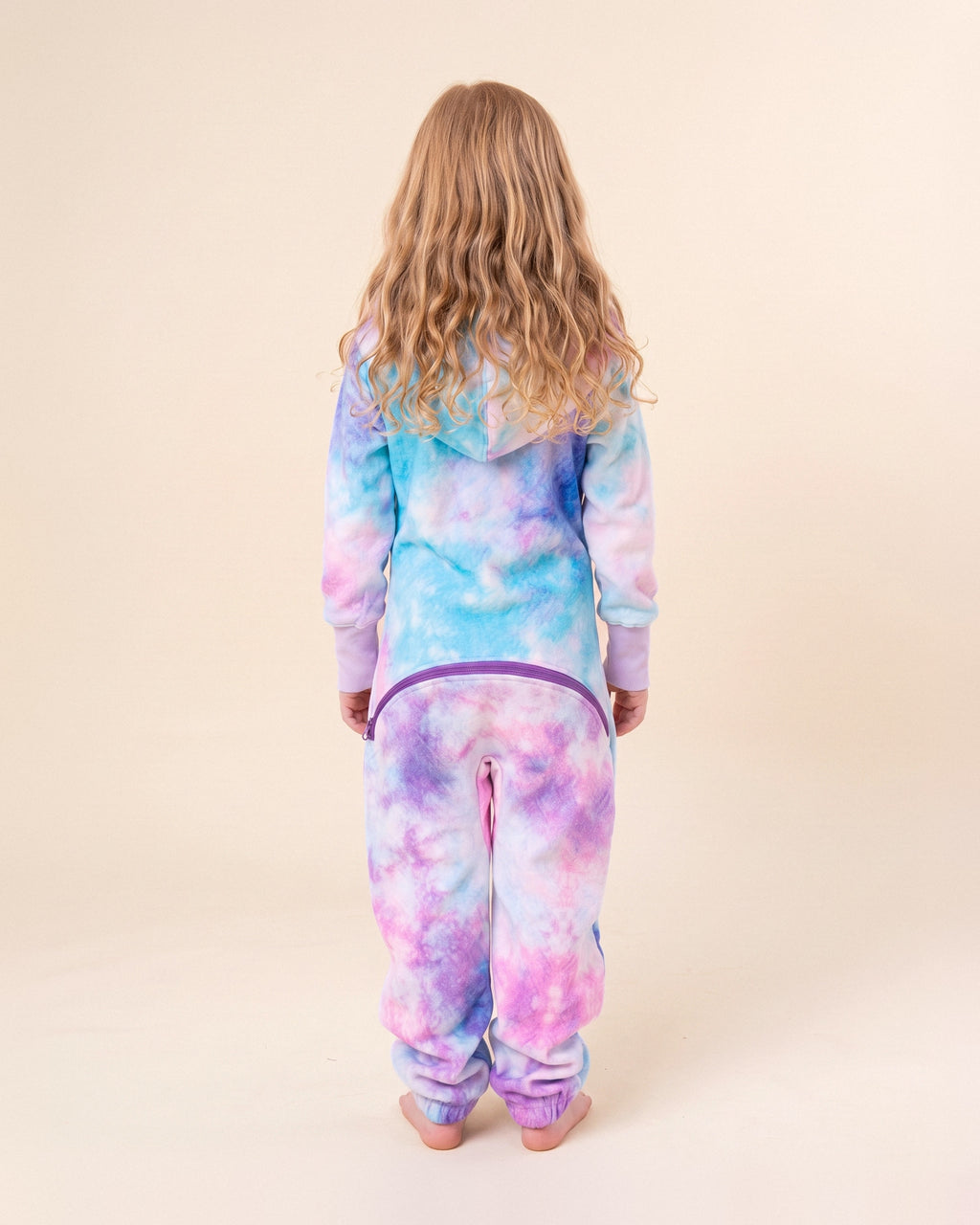 Cotton Candy Tie Dye Kids, pink, lilac and sky blue tie dye kids onesie, back view | Unichill kids onesie designed in Calgary