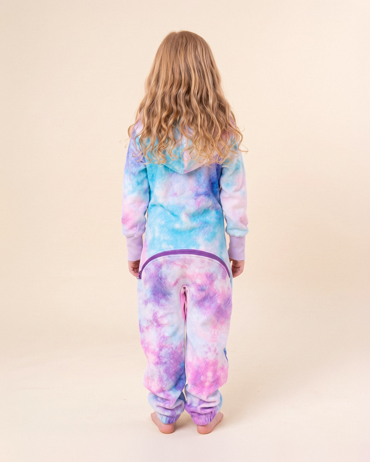 Cotton Candy Tie Dye Kids, pink, lilac and sky blue tie dye kids onesie, back view | Unichill kids onesie designed in Calgary