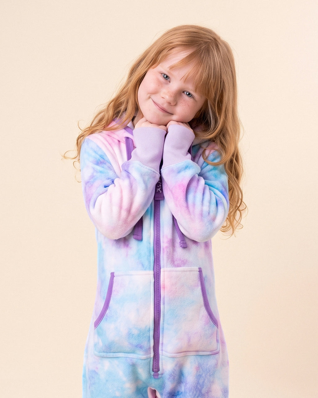 Cotton Candy Tie Dye Kids, pink, lilac and sky blue tie dye kids onesie, close-up of the hood, zipper and print | Unichill kids onesie designed in Calgary