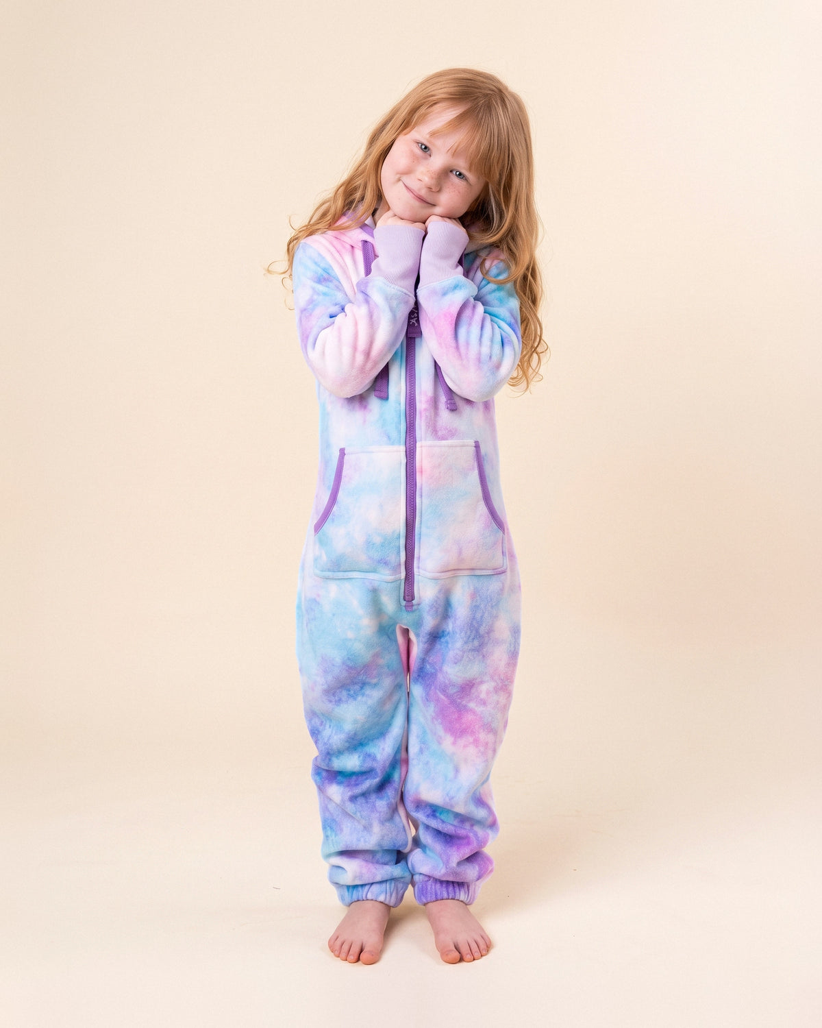 Cotton Candy Tie Dye Kids, pink, lilac and sky blue tie dye kids onesie, front view | Unichill kids onesie designed in Calgary