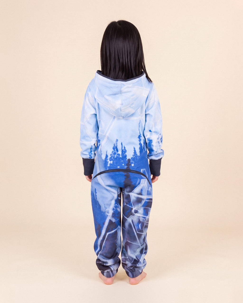 Ice Gems Kids, ice blue crystal gem print kids onesie, Valerie Black collaboration, back view | Unichill kids onesie designed in Calgary