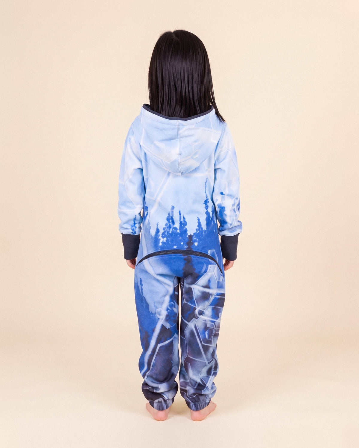 Ice Gems Kids, ice blue crystal gem print kids onesie, Valerie Black collaboration, back view | Unichill kids onesie designed in Calgary