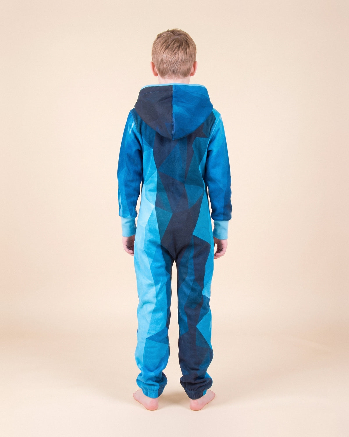 Midnight Kids, geometric blue colour-block kids onesie, back view | Unichill kids onesie designed in Calgary