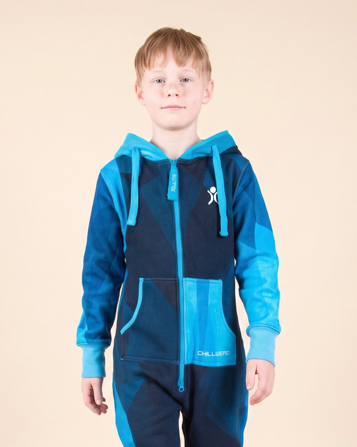 Midnight Kids, geometric blue colour-block kids onesie, close-up of the hood, zipper and print | Unichill kids onesie designed in Calgary