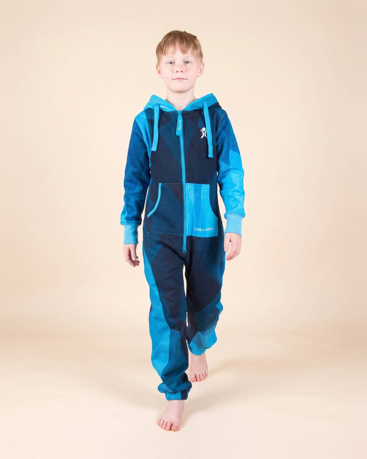 Midnight Kids, geometric blue colour-block kids onesie, front view | Unichill kids onesie designed in Calgary
