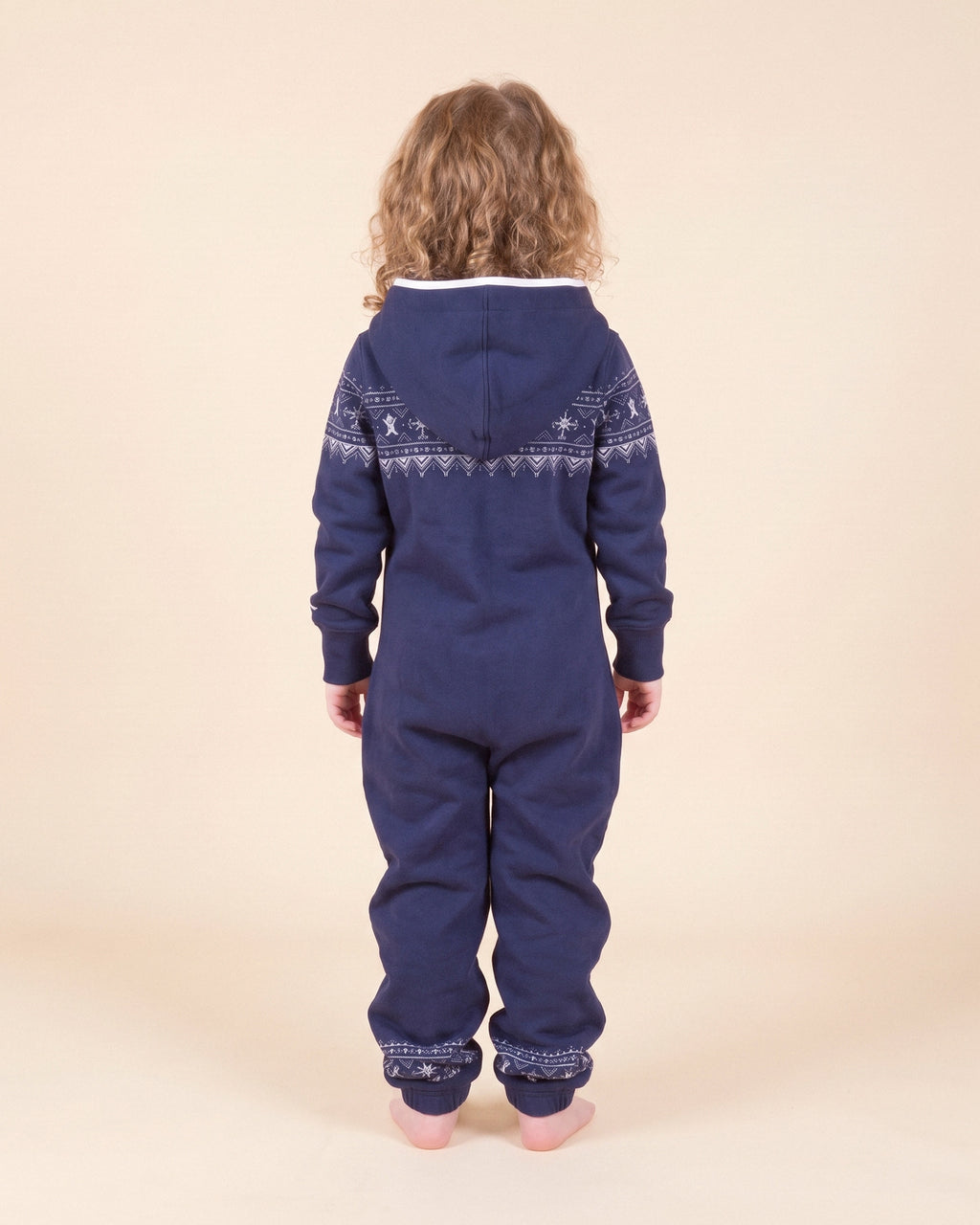 Nordic Navy Kids, navy kids onesie with a white Nordic snowflake band, back view | Unichill kids onesie designed in Calgary