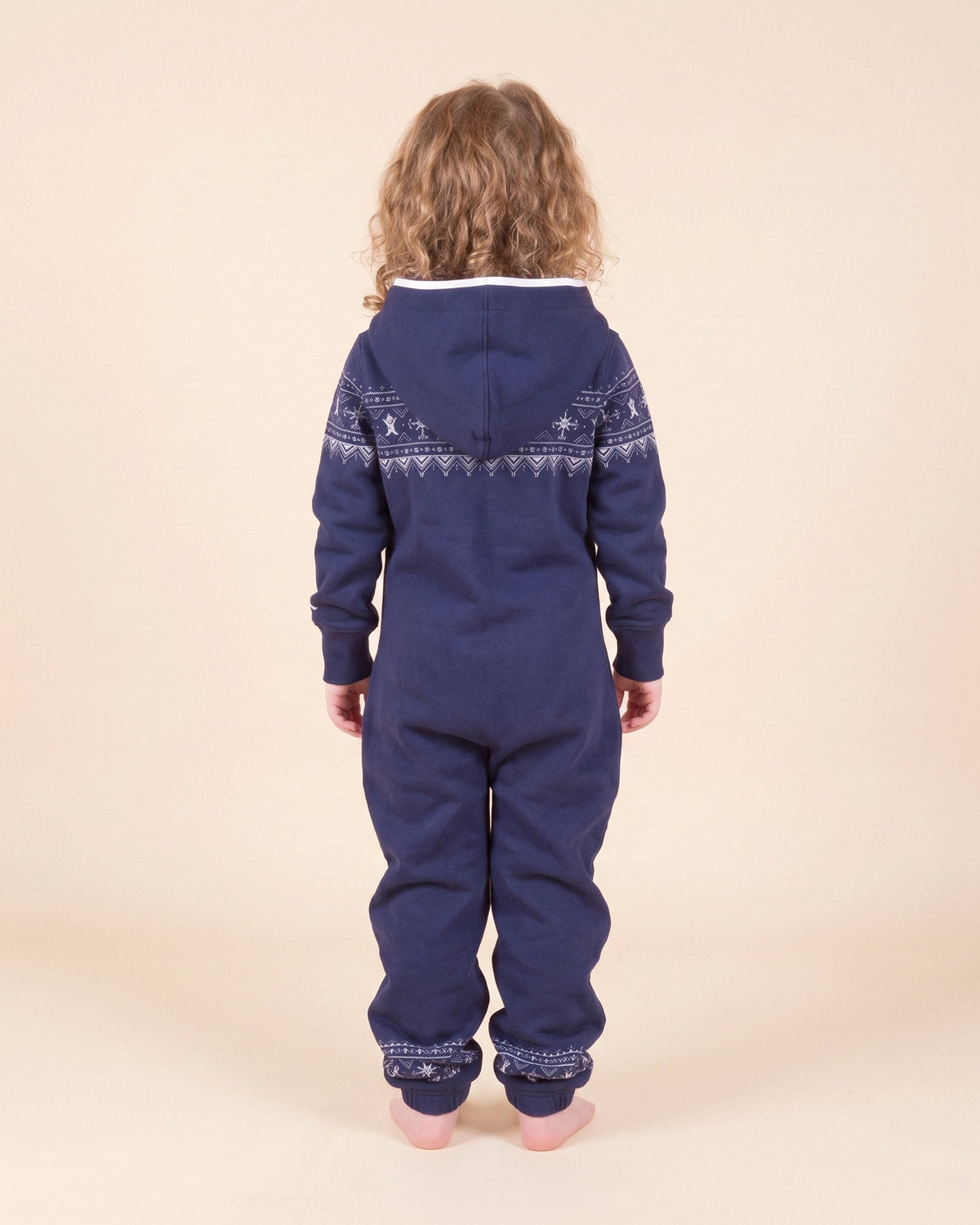 Nordic Navy Kids, navy kids onesie with a white Nordic snowflake band, back view | Unichill kids onesie designed in Calgary