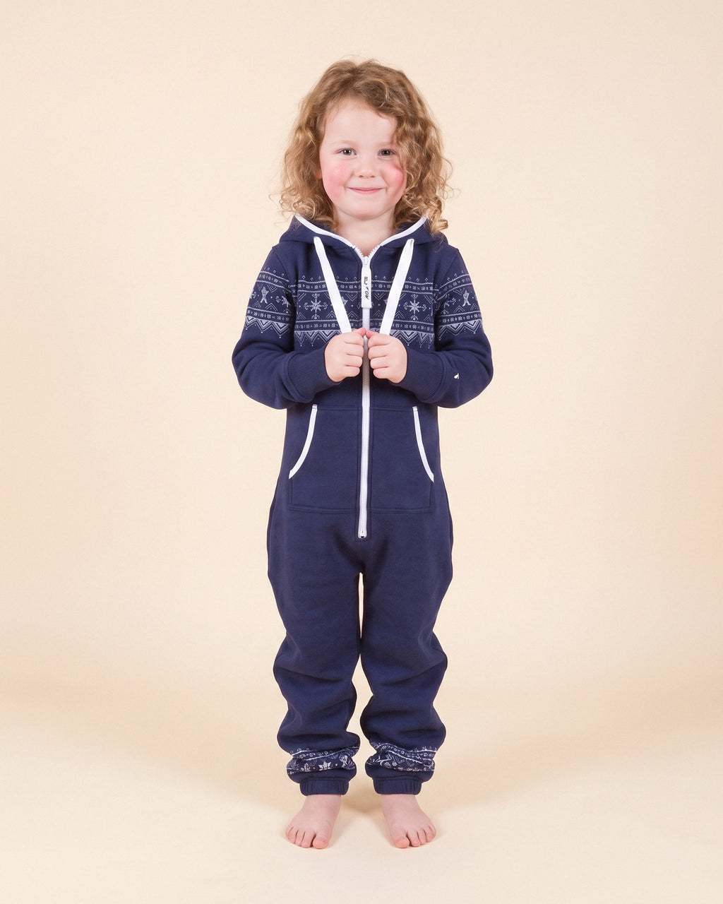 Nordic Navy Kids, navy kids onesie with a white Nordic snowflake band, front view | Unichill kids onesie designed in Calgary