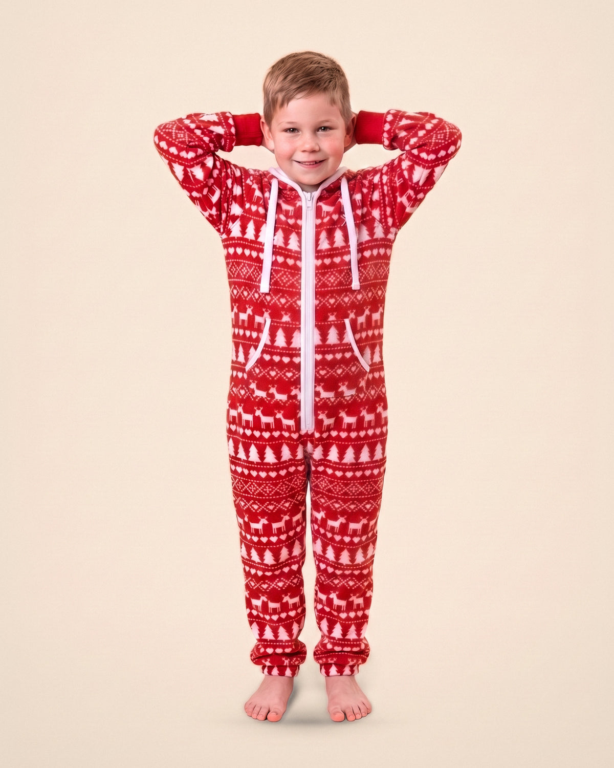 North | Light Fleece Kids, red Nordic reindeer print light fleece kids onesie, front view on a boy | Unichill kids onesie designed in Calgary